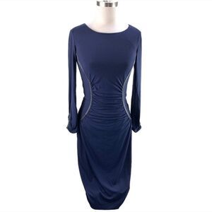 Cache Navy Blue Ruched Long Sleeve Bodycon Midi Dress Size XS